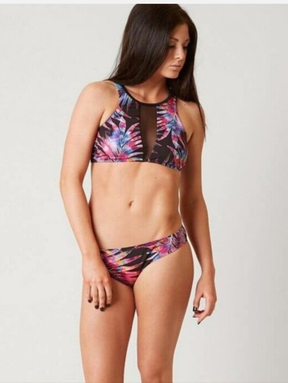 High-Neck Tropical Leaf Bikini Set in Black and Pink. NWT Size Small